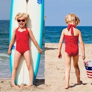 Girl Swimsuit, One Piece Polka Dot Halter, Red